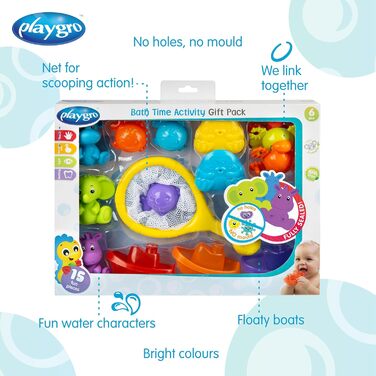 Набір для купання Playgro, 15 предметів іграшки для ванни, сітка для зберігання, тварини та кораблики, подарунок для малюків від 6 місяців