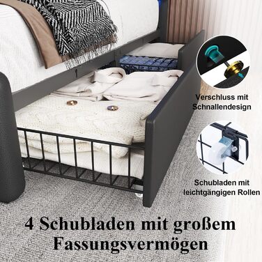 М&39яке ліжко 140 x 200 см з 4 шухлядами, світлодіодне освітлення, каркас ліжка 140 x 200 з регульованим узголів&39ям, зарядна станція, металева рейкова основа, легке складання, чорний колір 140 x 200 см