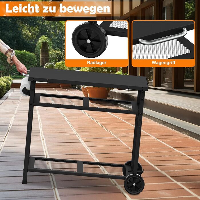 Візок для гриля на відкритому повітрі/стіл для гриля - Мобільний стіл-підставка для піци з колесами, стіл-візок для їжі на відкритому повітрі з двома сітчастими стійками для домашніх вечірок, кемпінгу та використання на свіжому повітрі