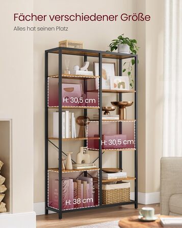 Ярусна книжкова полиця VASAGLE, окремостояча, для вітальні, ванної кімнати, кухні, коридору, легке складання, вінтажний коричнево-чорний колір LLS155B01 Рустикальний коричневий чорний, 5-