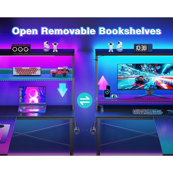 Г-подібний кутовий стіл Garvee, чорний зі світлодіодним освітленням та відсіком, ігровий стіл з підставкою для монітора та бічною кишенею, сучасний комп&39ютерний стіл для домашнього офісу, міцний стіл з полицею, 124x92 см