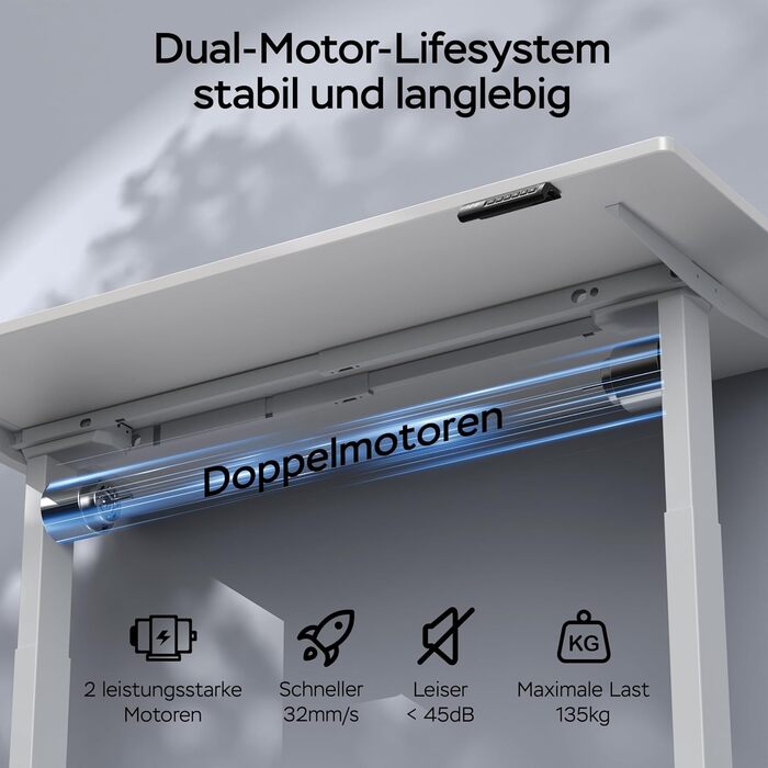 Стіл з регулюванням висоти та двома двигунами, цільна стільниця 25 мм, інтелектуальне керування з 4 налаштуваннями пам&39яті, вантажопідйомність 35 кг, тихий &lt45 дБ (білий білий, 140 см x 70 см) Білий білий 140 см x 70 см