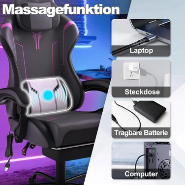 Ігрове крісло YHome, офісне крісло, регульоване по висоті, з підголівником, вібраційним масажем, поперековою подушкою, підставкою для ніг та підлокітниками, ергономічне ігрове крісло, велюрове покриття (чорнийсірийфіолетовий)