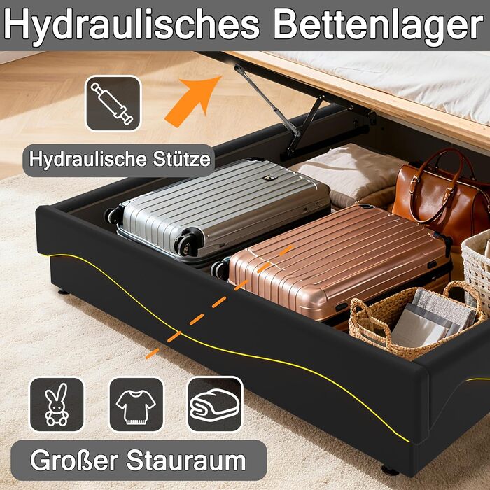 Ліжко-міні-гарнітур 140x200 см із зарядною станцією USB/Type-C, різнокольоровим світлодіодним підсвічуванням, полицею біля узголів&39я та великим місцем для зберігання під ліжком, шкіряне, чорне. Ліжко 140 x 200 см Ebd854-bk