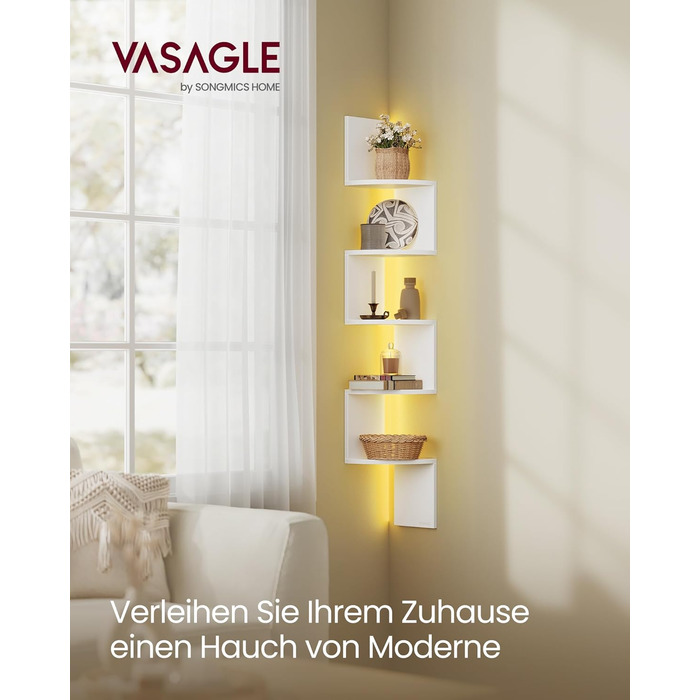 Кутова полиця VASAGLE зі світлодіодним освітленням, 5-рівнева настінна полиця, плаваюча книжкова полиця, книжкова шафа, полиця для рослин для спальні, вітальні, ванної кімнати, домашнього офісу, матово-білий колір LBC630W01