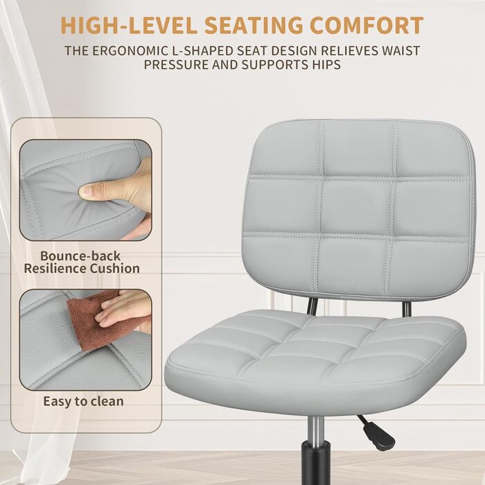 Офісне крісло Leader Accessories, регульоване по висоті офісне крісло, ергономічне поворотне крісло без підлокітників, крісло для домашнього офісу із середньою спинкою, поворотне офісне крісло, вантажопідйомність до 120 кг, світло-сіре, 86 x 55 см