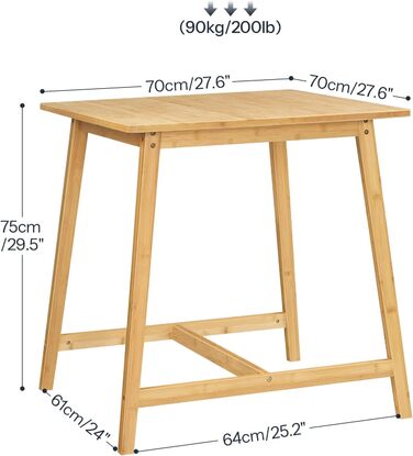 Невеликий обідній стіл, квадратний кухонний стіл 70 x 70 x 75 см, обідній стіл для 2-4 осіб, для невеликих приміщень, легке складання, їдальня, вітальня, офіс, колір натурального дерева EYL72CZ01