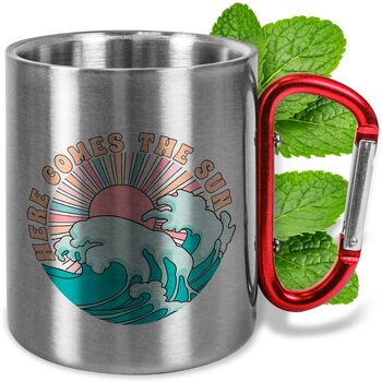 Металева кружка з нержавіючої сталі з карабіном, приблизно 330 мл, Сонце сходить - Кемпінгова кружка - Подарунки для чоловіків та жінок на свята