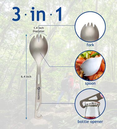 Титанова ложка-виделка з відкривачкою для пляшок, надзвичайно міцна, надлегка (Ti), здорова та екологічна ложка, виделка та відкривачка для пляшок для подорожей/кемпінгу в тканинній сумці, яку легко зберігати, Silver Spork 2 Unit