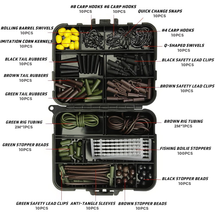 Набір аксесуарів для риболовлі на коропа Piscorush (272 шт.), набір рибальських гачків, включаючи джиг-гачки, вантажі для грузила Bullet Bass Throwing, різні рибальські вертлюги, ковзанки для грузила