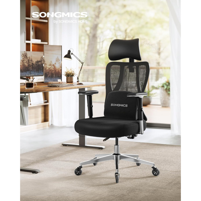 Ергономічне офісне крісло SONGMICS, стілець для столу, ігрове крісло, регульована поперекова опора, підголівник, підлокітники, підходить для різних розмірів тіла, вантажопідйомність до 150 кг, чорний колір OBN067BH01