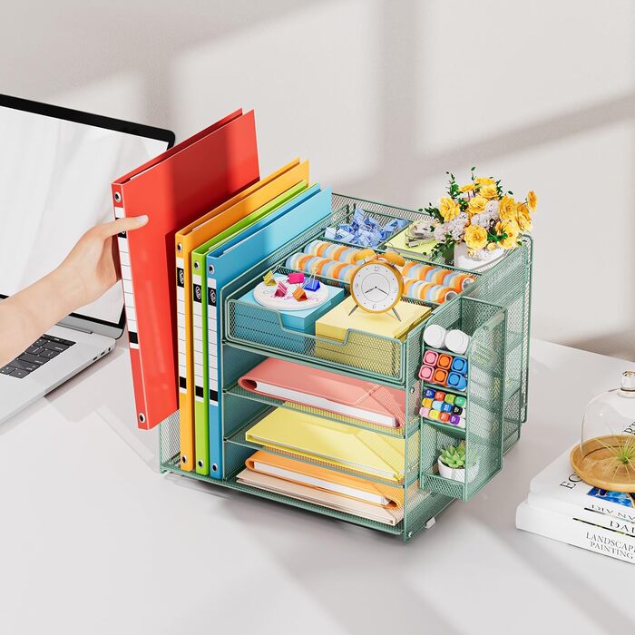 Настільний органайзер Marbrasse з тримачами для файлів, 4-рівневий лоток для листів, відділення, шухляди, підвісний тримач для ручок, сітчастий лоток для паперу для зберігання документів у домашньому офісі (зелений)