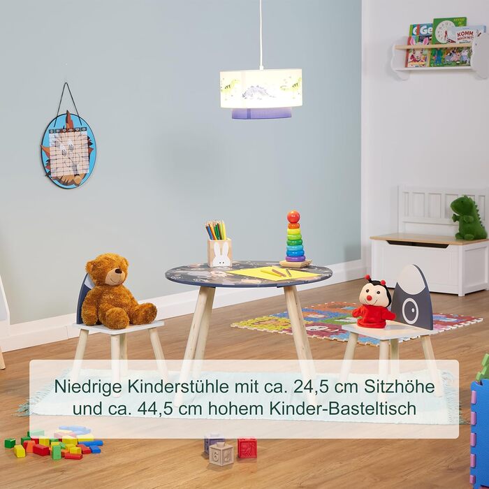 Дитячий комплект сидіння Relaxdays, 3 предмети, Space Dino, дитячий стіл з 2 стільцями, для дівчаток та хлопчиків, зона відпочинку в дитячій кімнаті, різнокольоровий