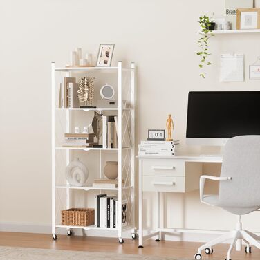 Складана полиця ALANNG на колесах - Окремостояча полиця з 5 полицями, Металева книжкова полиця - Міцна та без складання - Для кухні, вітальні, підвалу, офісу - Біла 154 x 62 x 29,5 см