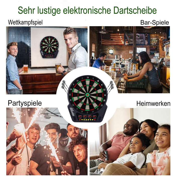 Електронна мішень для дартсу, професійна електронна гра в дартс з 6 дротиками та 24 головками для дротиків, 27 ігор, 243 варіанти гри, електронна мішень для дартсу з 4 РК-дисплеями, електронна мішень для дартсу на 16 гравців