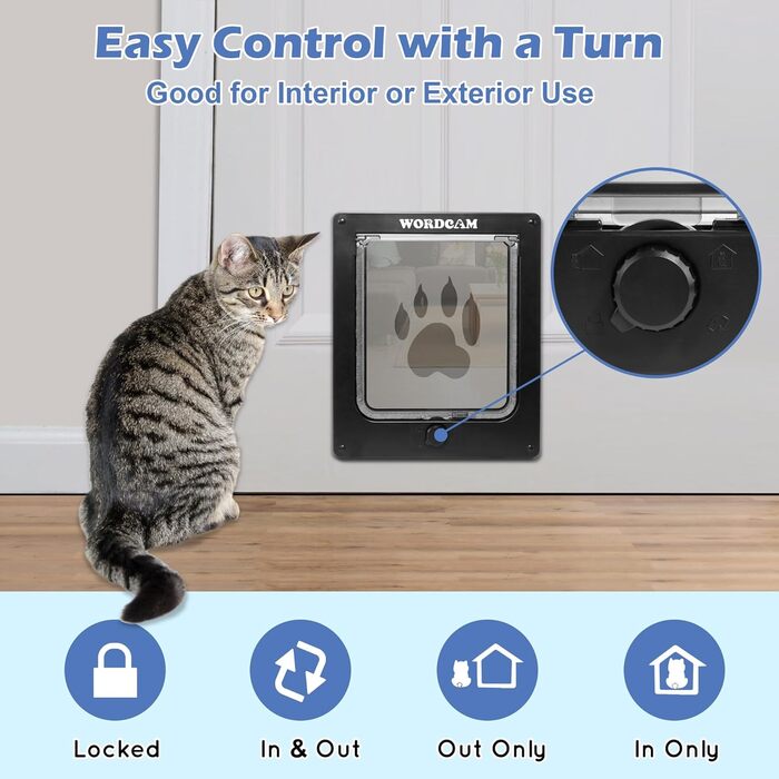 Котячі дверцята Wordcam XL, міцні котячі дверцята для внутрішніх та зовнішніх дверей, 4-стороннє замикання, дверцята для котів, кошенят, собак вагою до 11,3 кг, легке встановлення, водонепроникні (чорні)
