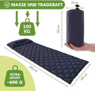 Надувний матрац для кемпінгу з подушкою 190x60 см, надлегкий килимок для сну, товщина 5 см, вантажопідйомність 100 кг, надувний матрац для кемпінгу, трекінгу, активного відпочинку, пляжу, складається з сумкою