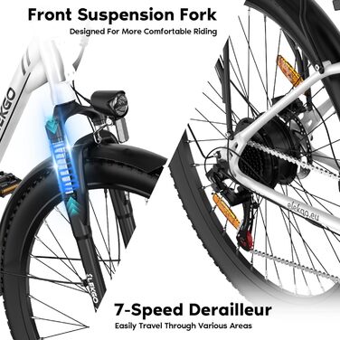 Дюймовий електричний велосипед, 7-швидкісний жіночий велосипед, міський електровелосипед, РК-дисплей, з передньою вилковою підвіскою, міський електровелосипед для чоловіків та жінок, спеціальна версія (білий колір), 28-
