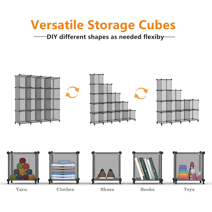Органайзер для зберігання речей AWTATOS у формі куба, 16-кубовий модульний книжковий полиця для зберігання, полиця для шафи з пластику своїми руками, штабелювана полиця для зберігання речей, ідеальне рішення для зберігання речей для дому, офісу, спальні, 