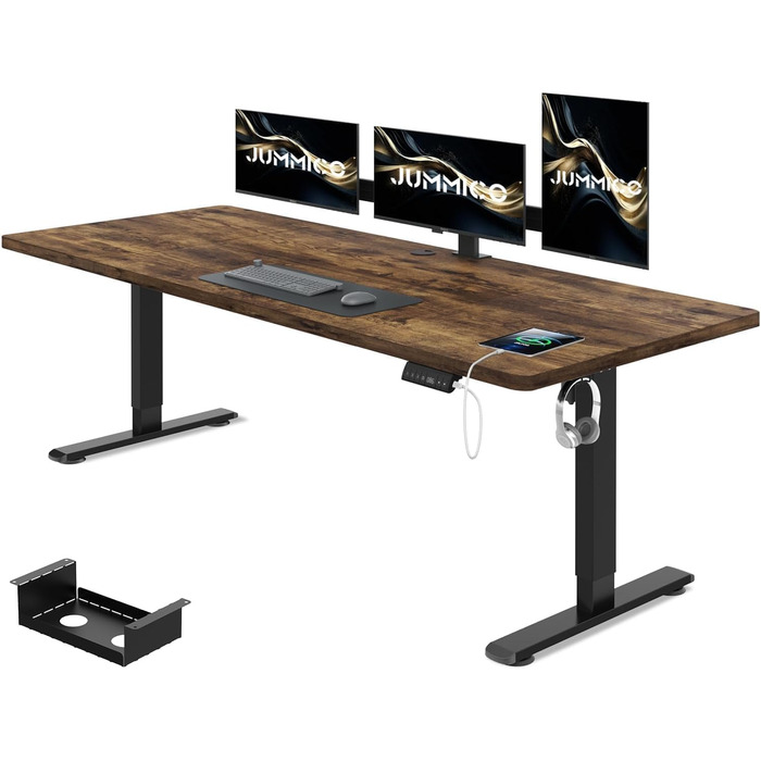 Стіл з регульованою висотою 160 x 80 см з кабельним лотком, Електрично регульований стіл для роботи стоячи з USB-портом, Комп&39ютерний стіл, Ергономічний стіл для роботи сидячи та стоячи, Офісний стіл, Вінтажний коричневий 160 x 80 см
