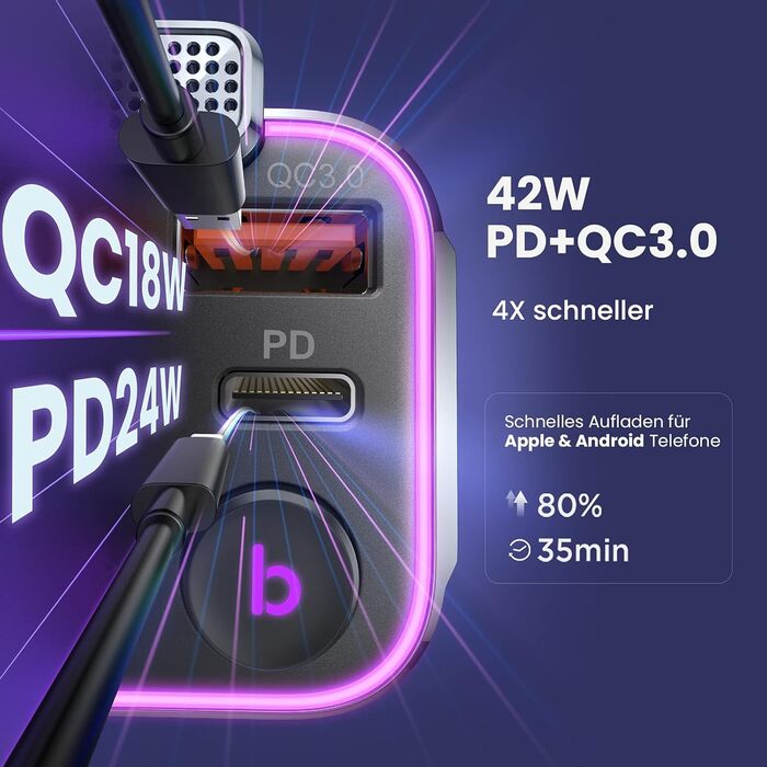 Адаптер Автомобільний 2021 Оновлення Bluetooth-передавач Автомобільний 42 Вт PD&QC3.0 BT5.0 Сильніший мікрофон і басовий звук Автомобільне радіо FM-передавач 7 кольорів зі світлодіодним підсвічуванням, USB-накопичувач, Siri, бездротовий дзвінок