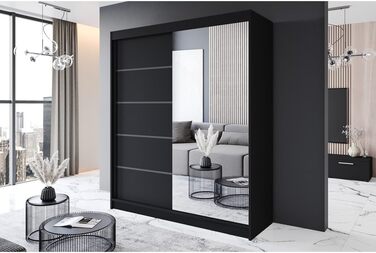 Шафа-купе з розсувними дверима чорного кольору 180x215x58 см з дзеркалом - Меблі для спальні, Місця для зберігання - Універсальна шафа, 3