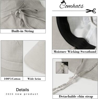 Жіночий сонцезахисний капелюх Comhats, захист від сонця UPF 50, літній капелюх із захистом шиї, широкі козирки, бавовна, M 1005темно-синій