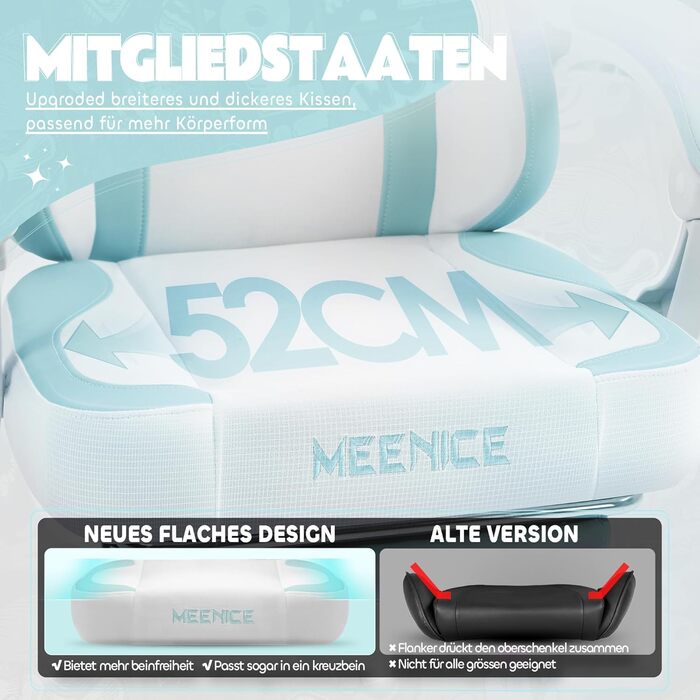 Милий ігровий стілець з котячою тканиною з поперековою подушкою у формі котячої лапи та котячими вушками, ігровий стілець з підставкою для ніг, ергономічний ПК-стілець для дітей, дорослих та дівчаток, вантажопідйомність 140 кг, синьо-білий