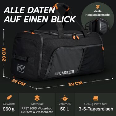 Спортивна сумка ПЕРЕРОБЛЕНИЙ ПЕТ 50 л Сумка для спортзалу та рюкзак в одному водонепроникна тренувальна сумка для чоловіків та жінок спортивний рюкзак з відділенням для взуття, сумка для фітнесу та подорожей, велика Obsidian Ember Black