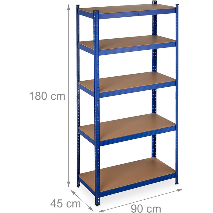 Надміцний стелаж Relaxdays, 5 ярусів, сталь, ВxШxГ 180 x 90 x 45 см, синій Вантажопідйомність 875 кг, вставний монтаж, підвал, гараж