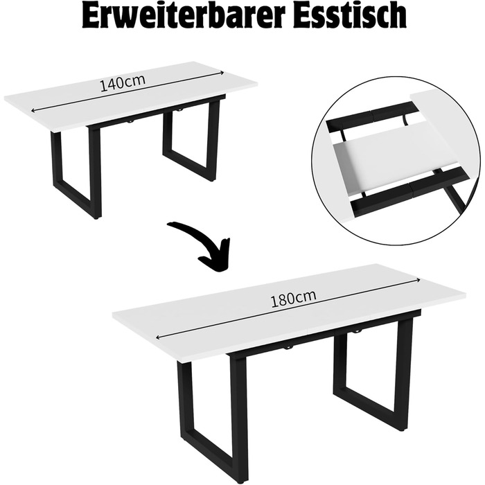 Розсувний обідній стіл Merax з металевими ніжками, прямокутний кухонний стіл для вітальні та їдальні, білий 140/180 x 80 x 75 см (розкладний) білий