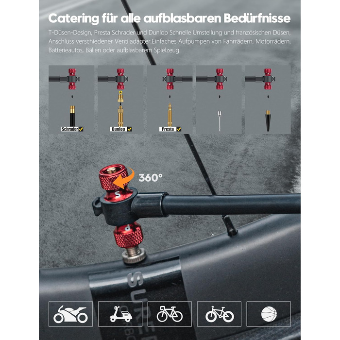 Велосипедний насос Tiakia з манометром, маленький велосипедний насос для всіх типів вентилів, алюмінієвий міні-насос для підлоги, портативний насос для шин для вентилів Schrader та Presta, для шосейних та гірських велосипедів, 220 PSI/15 BAR