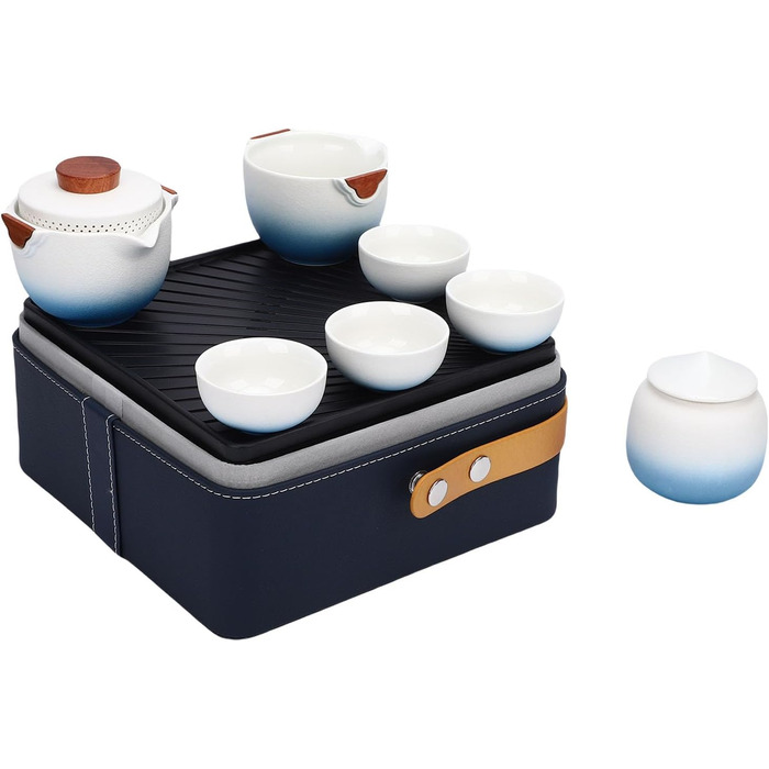 Похідний чайний сервіз Poenvfpo керамічний чайник для подорожей у шкіряній сумці-органайзері, ідеальний для автоподорожей та пікніків на природі