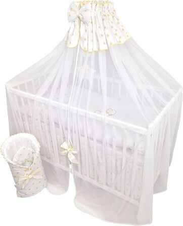 Предметний комплект дитячого ліжечка/колиски та постільної білизни Happy Leo, включаючи матрац з регульованою висотою для новонароджених, немовлят та малюків, з вишивкою (ведмедик, місяць, золоті зірки), 13-