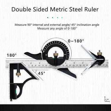 Комбінований кутник KMERCE 300 мм Професійний, кутова лінійка з нержавіючої сталі, комбінований теслярський кутник, з рівнем і практичним шнуром для витягування, ідеально підходить для теслярських робіт