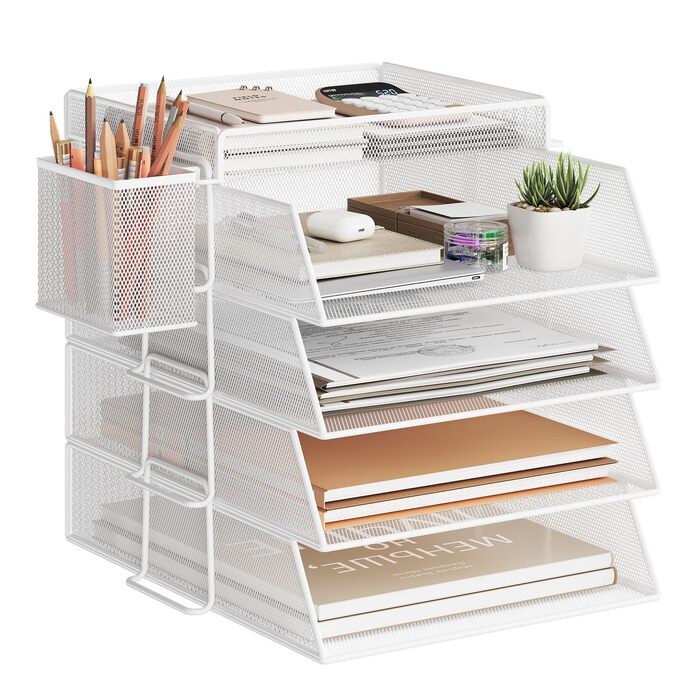 Штабельований лоток для листів, настільний органайзер з 4 тримачами для файлів та 1 тримачем для ручок, для документів A4, металевий офісний органайзер, настільний лоток для офісного документообігу, поштові лотки (білий)