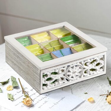 Вінтажна чайна коробка - Дерев&39яна коробка для зберігання чайних пакетиків - Коробка для чайних пакетиків з оглядовим віконцем - Чайний ящик з 9 відділеннями - Колір &quotшеббі-білий&quot