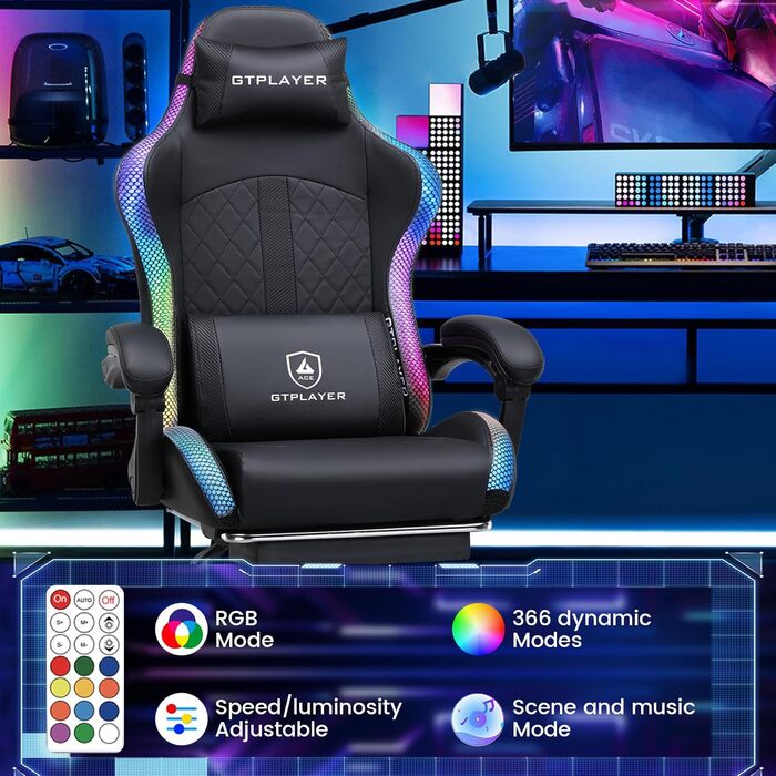 Ігрове крісло GTPLAYER, офісне крісло, ігрове крісло з динаміком та світловою панеллю, геймерське крісло, спинка з кишенею для зберігання, ергономічне крісло для ПК з пультом дистанційного керування