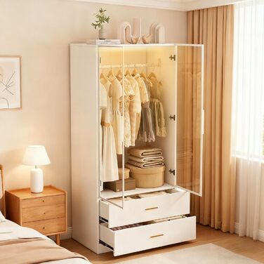 Шафа зі світлодіодним освітленням, Універсальна шафа з орними дверима та 2 дверима із загартованого скла, Скляна шафа з вішалкою для одягу, Гардеробна шафа з 2 шухлядами, Багатофункціональна шафа (Біла-1)