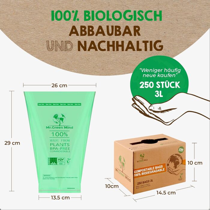 Біорозкладні пакети для сміття, 2/3 літра, 250 шт. - 26 x 29 см - 100 компостовані пакети для сміття - Вкл. диспенсер - Подарункові пакети для сміття