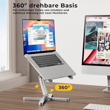 Підставка для ноутбука FoldWise X Алюмінієва, поворотна на 360, складана, з регулюванням висоти та кута нахилу Стабільна та портативна підставка для ноутбука, тримач для MacBook та компютера діагоналлю 11-18 дюймів, срібляста