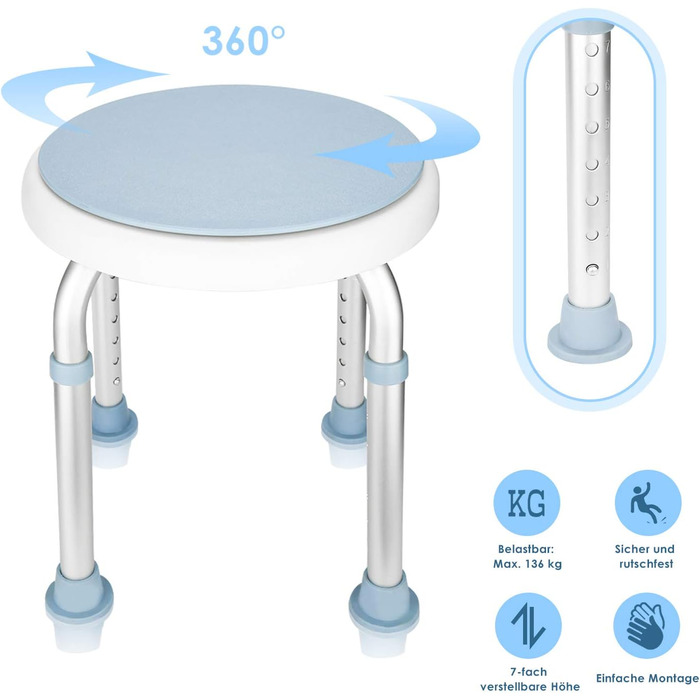 Душовий табурет Randaco, душове крісло для людей похилого віку, сидіння для душу, що обертається на 360, нековзний табурет для ванної кімнати, регульований по висоті, круглий душовий помічник до 136 кг