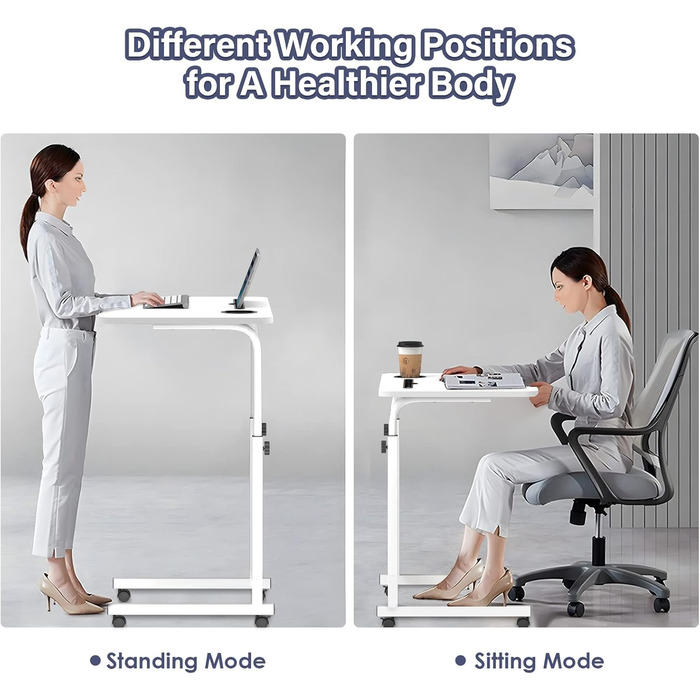 Стіл для ноутбука з регульованою висотою, бічний столик з колесами та слотами для карток, мобільний стіл/комп&39ютерний стіл для дивана, ліжка, кушетки, офісу (білий, 60x40 см) 60x40 см З 2 слотами для карток Білий