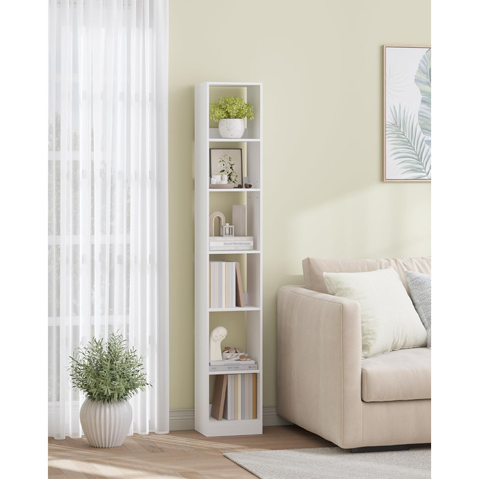 Книжкова полиця Hzuaneri, 6-ярусна книжкова шафа, кубічна полиця, сучасна відкрита дерев&39яна полиця, полиці для зберігання та демонстрації для вітальні, домашнього офісу, спальні, біла BC09603 шт. Білий 24 x 30 x 183 см