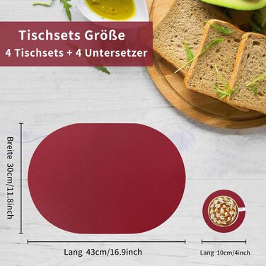 Підстилки та підставки зі шкіри, підстилки миються, підстилки миються, прикраса столу, підстилка миється кругла, підстилка для кухонного обіднього столу, набір з 4-х (овальні, винний червоний) овальні винний червоний