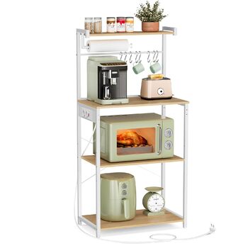 Кухонна полиця VASAGLE з розетками, окремостояча полиця, полиця для мікрохвильової печі, 4 рівні та 8 S-подібних гачків, регульована полиця, тримач для кухонних пакувальних машин, 40 x 60 x 140 см, Золотий дуб-хмарно білий KKS014Y02 60B см Золотий дуб мат