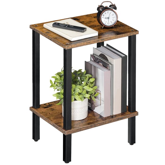 Журнальний столик, маленький столик, вузький журнальний столик, тумбочка з 2 полицями, індустріальний стиль, каркас з дерев&39яного композиту, для вітальні, спальні, офісу, вінтажний коричневий та чорний AETHR7901N1