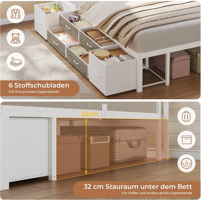 Ліжко AOGLLATI 140x200 з місцем для зберігання, диван-ліжко з вбудованою книжковою полицею та 6 шухлядами, дитяче ліжко зі світлодіодним освітленням та зарядною станцією, гостьове ліжко, кушетка, каркас ліжка з рейковою основою (білий, 140x200 см) 140x200