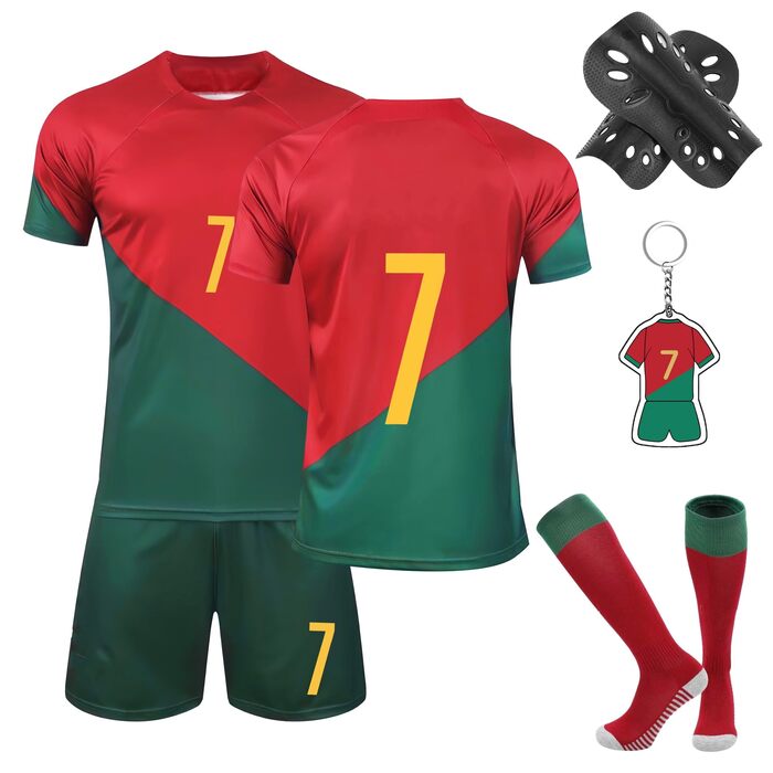 Дитяча футбольна майка, футбольні майки, футбольна футболка, шорти, комплект дитячої футбольної майки з щитками для гомілок, шкарпетками та брелоком для хлопчиків, червоний, 6-7 років