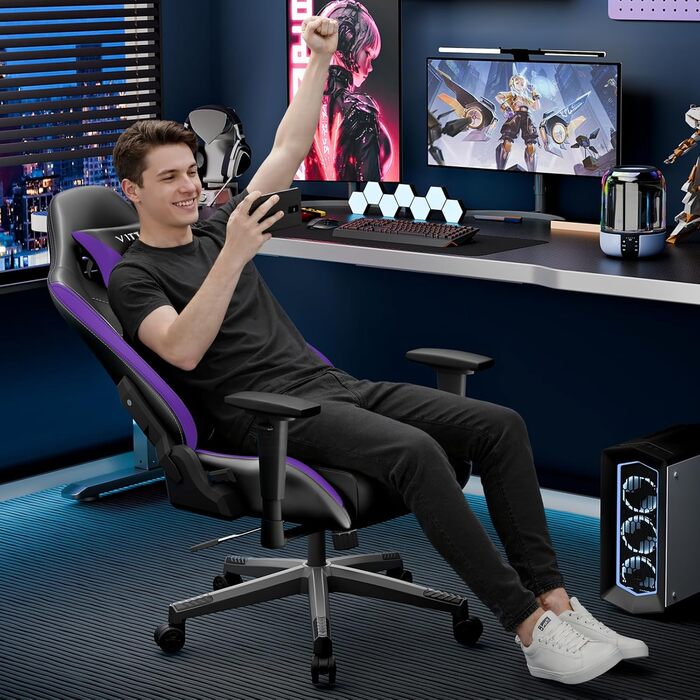 Ігрове крісло Vittanly, ергономічне ігрове крісло з підголівником та поперековою опорою, регульоване по висоті поворотне ігрове/офісне крісло з регульованою спинкою 90-165, вантажопідйомність 150 кг, фіолетове